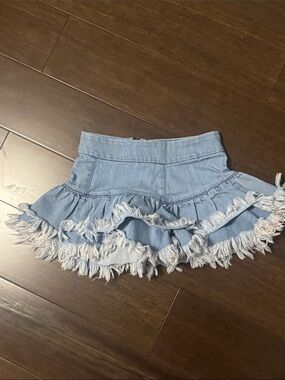 Denim Ruffle Fringe Skirt for Kids - Light Blue